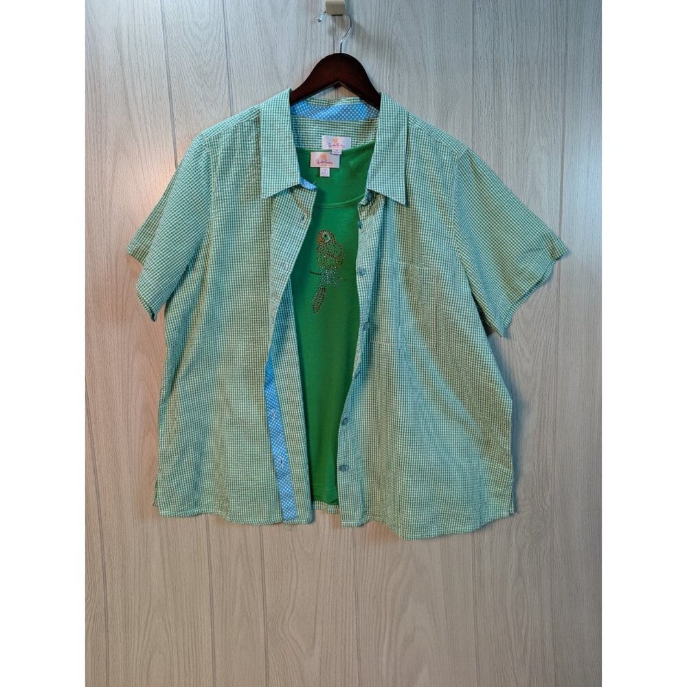 Quacker Factory Tank Button Shirt Womens Size 2X Green Beaded Parrot Cotton